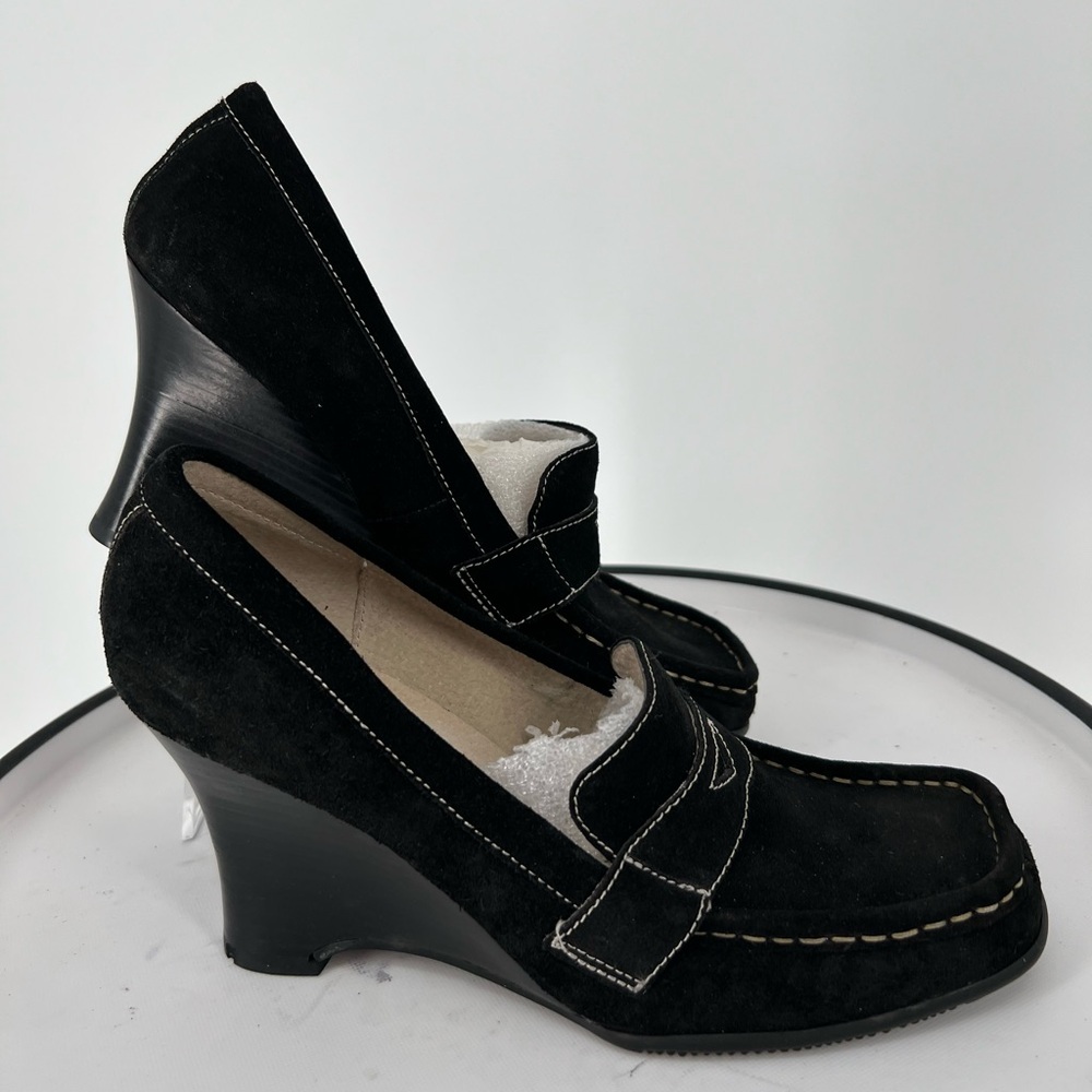 AMANDA SMITH NWOT CHOCOLATE BROWN LEATHER SUEDE WEDGES SLIP ON
